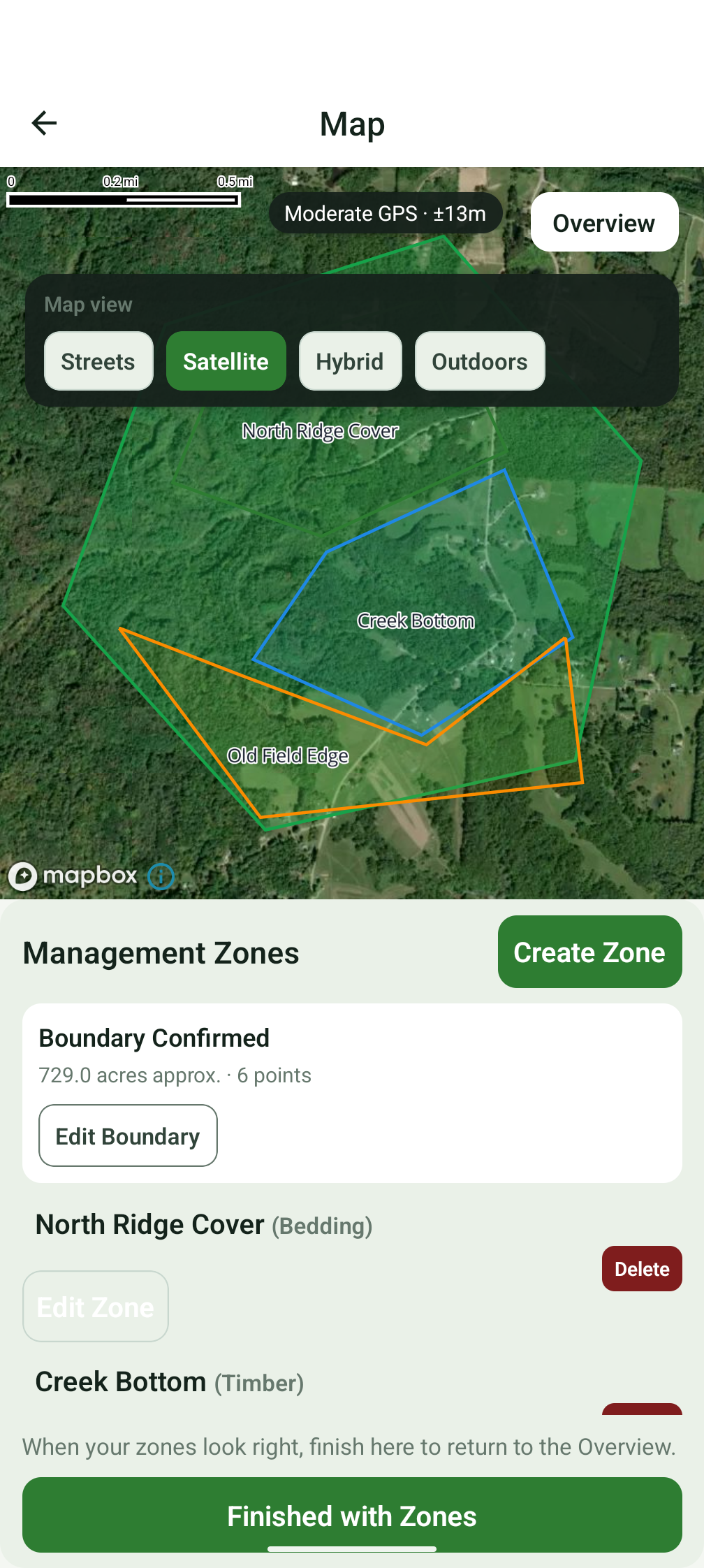 HuntHaven map screen showing property boundary and management zones over satellite imagery.