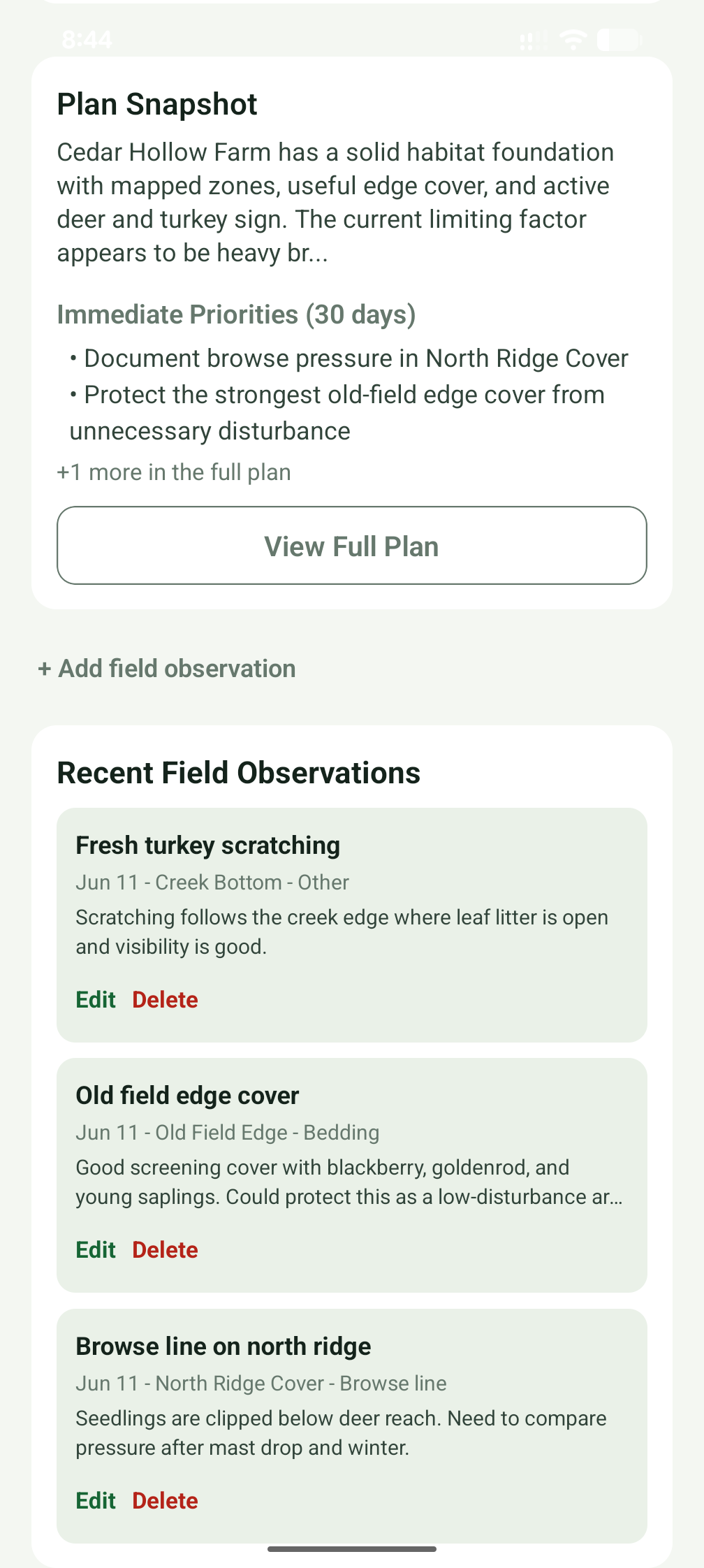 Overview screen showing plan snapshot and recent field observations.