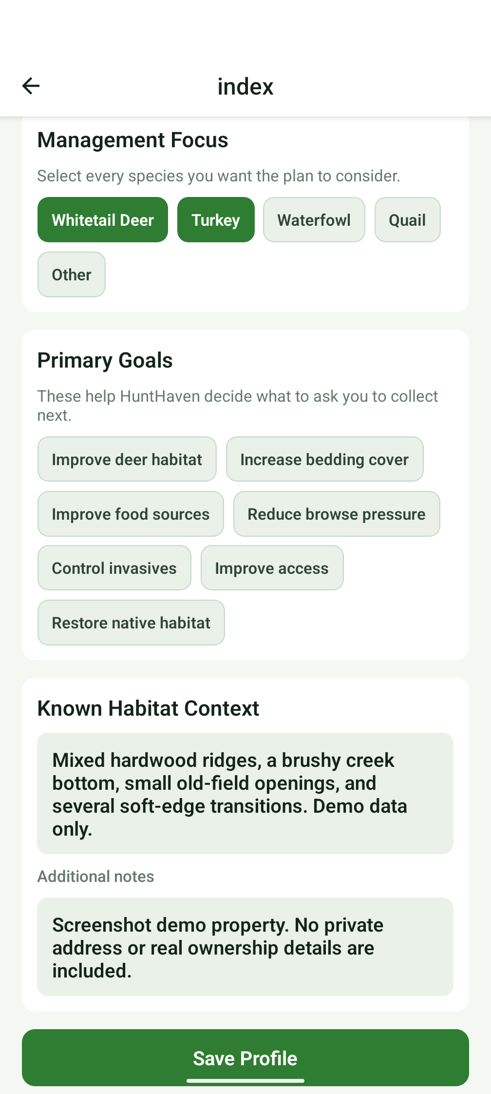 Property profile screen showing management focus, primary goals, and known habitat context.
