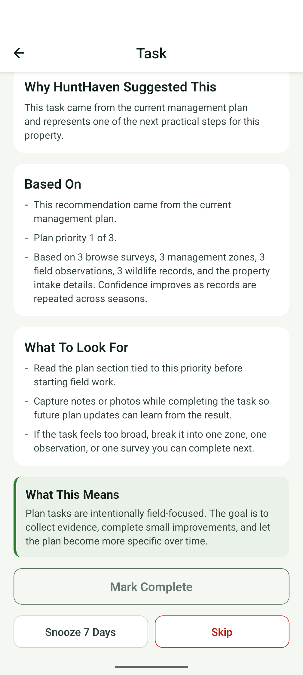 Task detail screen explaining why HuntHaven suggested a task and what to look for.