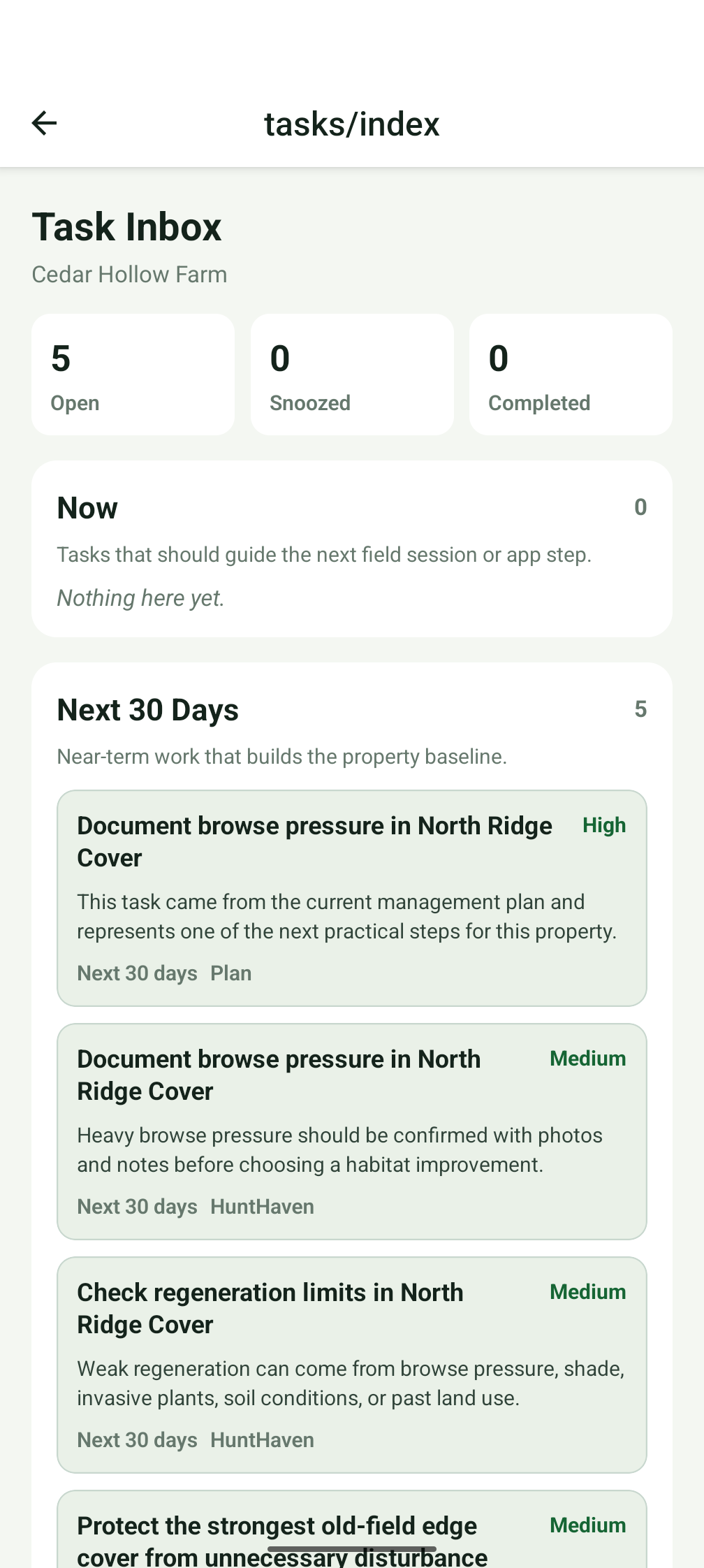 Task inbox screen showing open tasks and priorities.